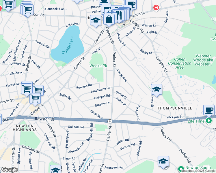 map of restaurants, bars, coffee shops, grocery stores, and more near 141 Parker Street in Newton