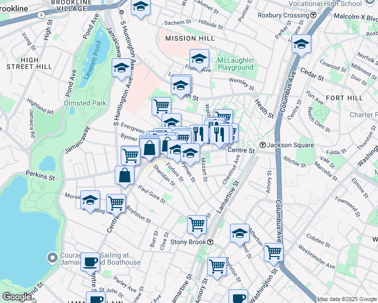 map of restaurants, bars, coffee shops, grocery stores, and more near 334 Centre Street in Boston
