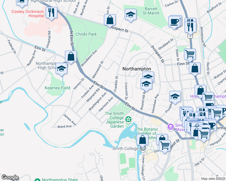 map of restaurants, bars, coffee shops, grocery stores, and more near 225 Elm Street in Northampton