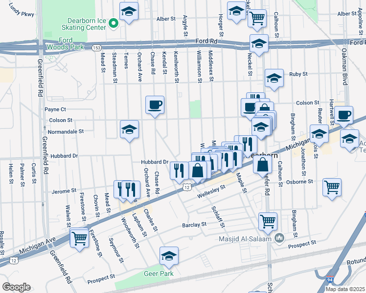 map of restaurants, bars, coffee shops, grocery stores, and more near 4920 Schlaff Street in Dearborn