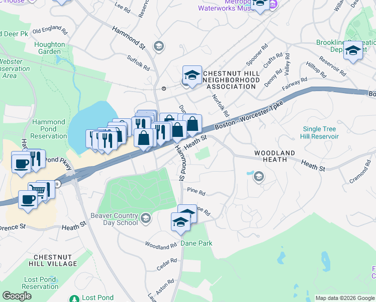 map of restaurants, bars, coffee shops, grocery stores, and more near 644 Hammond Street in Brookline