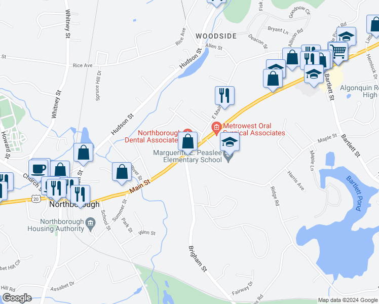 map of restaurants, bars, coffee shops, grocery stores, and more near 159 Main Street in Northborough