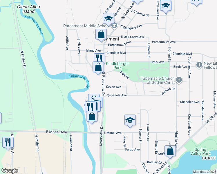 map of restaurants, bars, coffee shops, grocery stores, and more near 134 Devon Avenue in Parchment