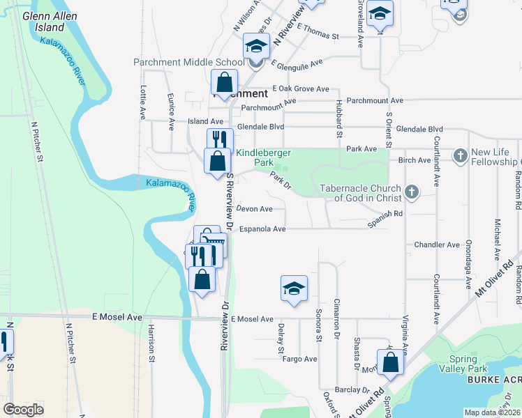 map of restaurants, bars, coffee shops, grocery stores, and more near Devon Avenue in Parchment