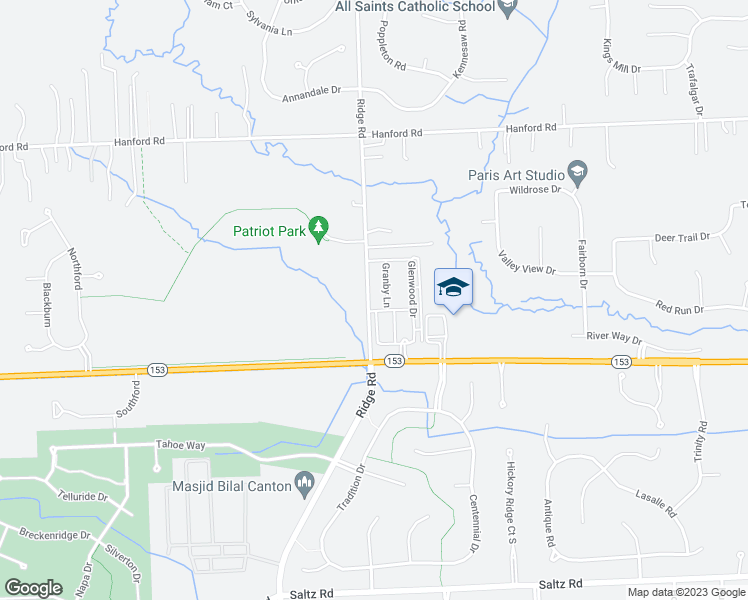 map of restaurants, bars, coffee shops, grocery stores, and more near 5917 Granby Lane in Canton
