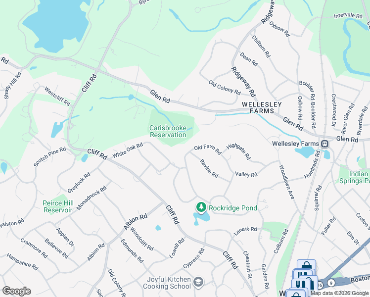 map of restaurants, bars, coffee shops, grocery stores, and more near 55 Old Farm Road in Wellesley