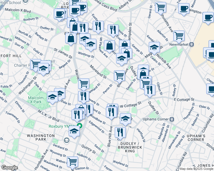 map of restaurants, bars, coffee shops, grocery stores, and more near 19-19A Perrin Street in Boston