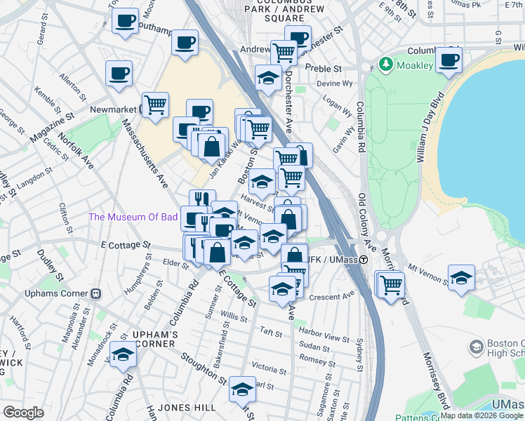 map of restaurants, bars, coffee shops, grocery stores, and more near 20 Mount Vernon Street in Boston