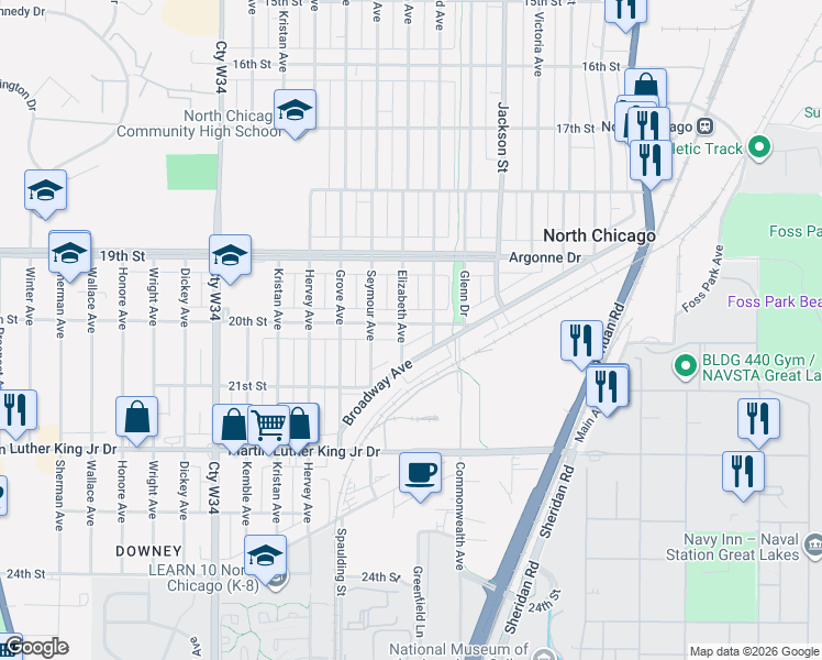 map of restaurants, bars, coffee shops, grocery stores, and more near 2012 Elizabeth Avenue in North Chicago