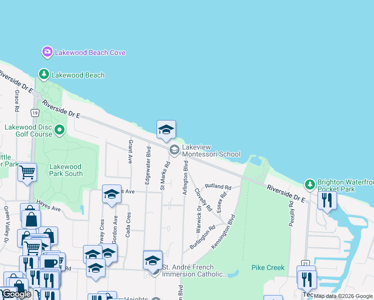 map of restaurants, bars, coffee shops, grocery stores, and more near 13910 Riverside Drive East in Windsor