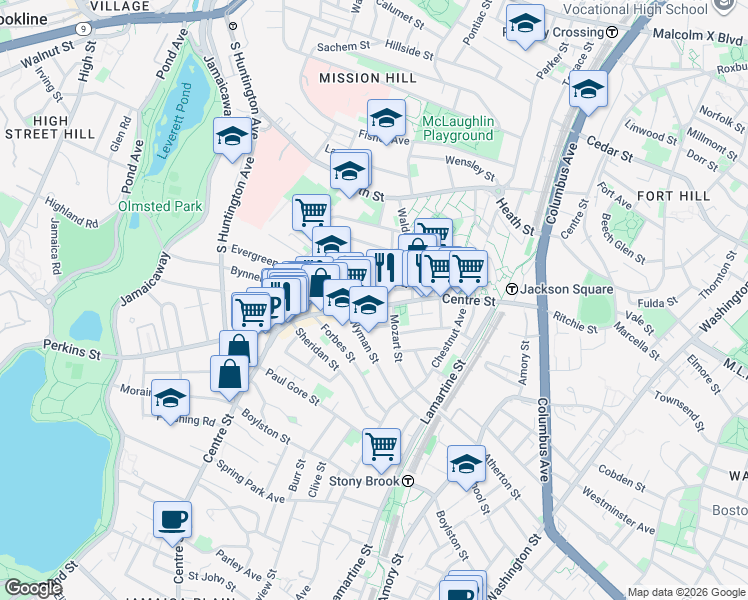 map of restaurants, bars, coffee shops, grocery stores, and more near 334 Centre Street in Boston