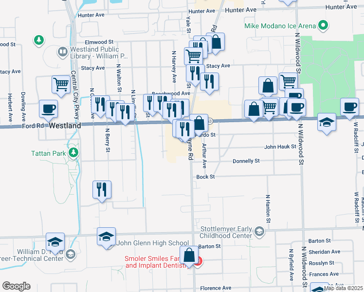 map of restaurants, bars, coffee shops, grocery stores, and more near in Westland