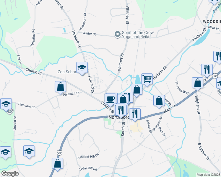 map of restaurants, bars, coffee shops, grocery stores, and more near 18 Whitney Street in Northborough