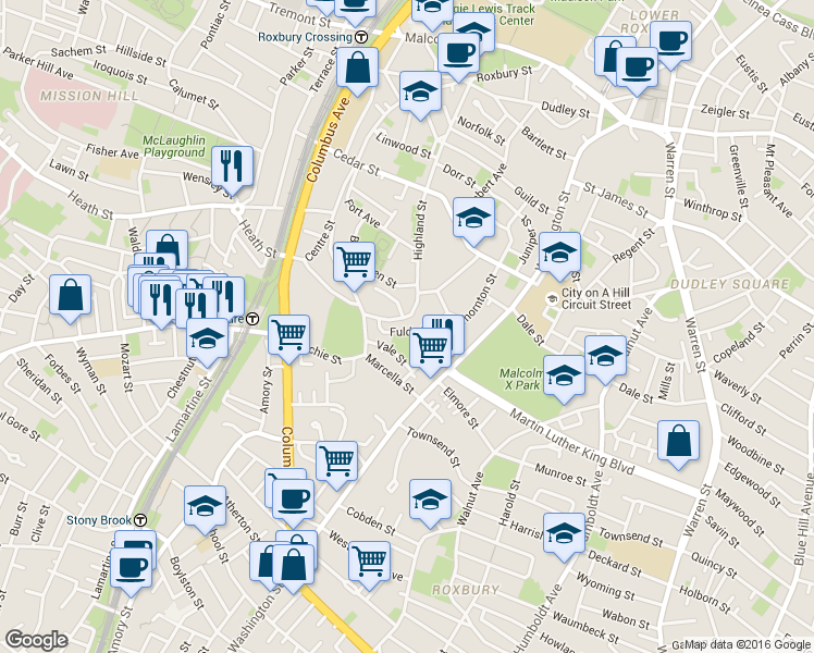 map of restaurants, bars, coffee shops, grocery stores, and more near 45 Fulda Street in Boston