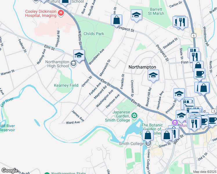 map of restaurants, bars, coffee shops, grocery stores, and more near 15 Washington Avenue in Northampton