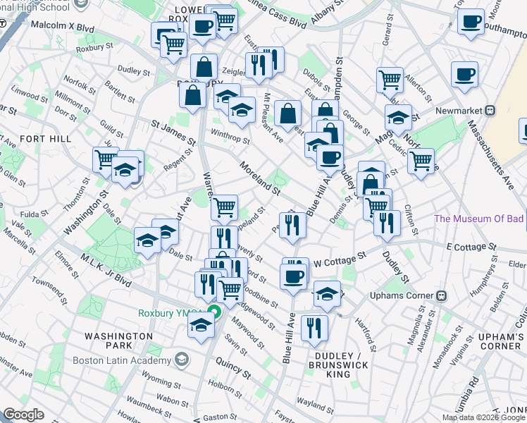 map of restaurants, bars, coffee shops, grocery stores, and more near 5 Copeland Park in Boston