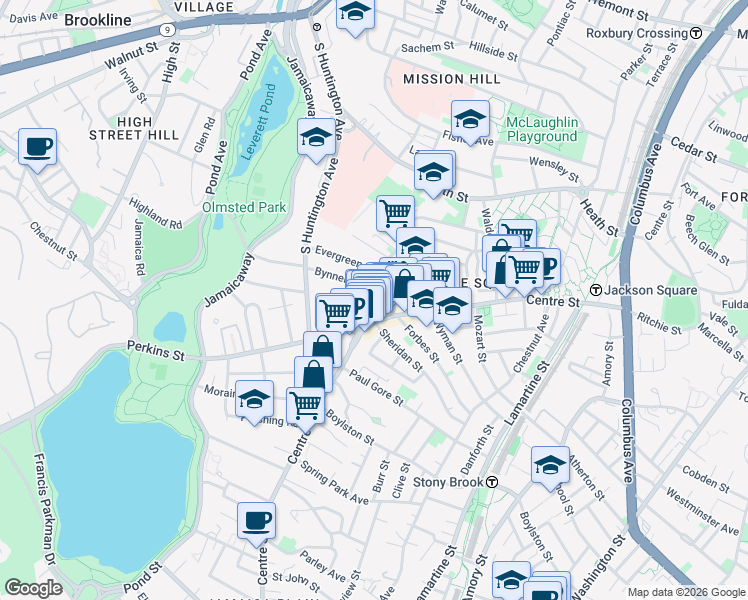 map of restaurants, bars, coffee shops, grocery stores, and more near 386-386A Centre Street in Boston