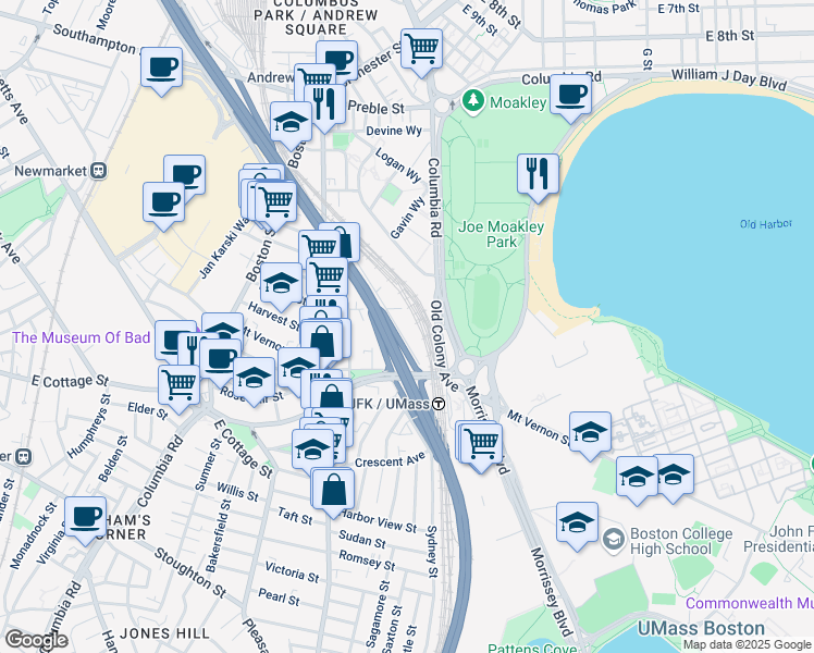 map of restaurants, bars, coffee shops, grocery stores, and more near 71 Von Hillern Street in Dorchester