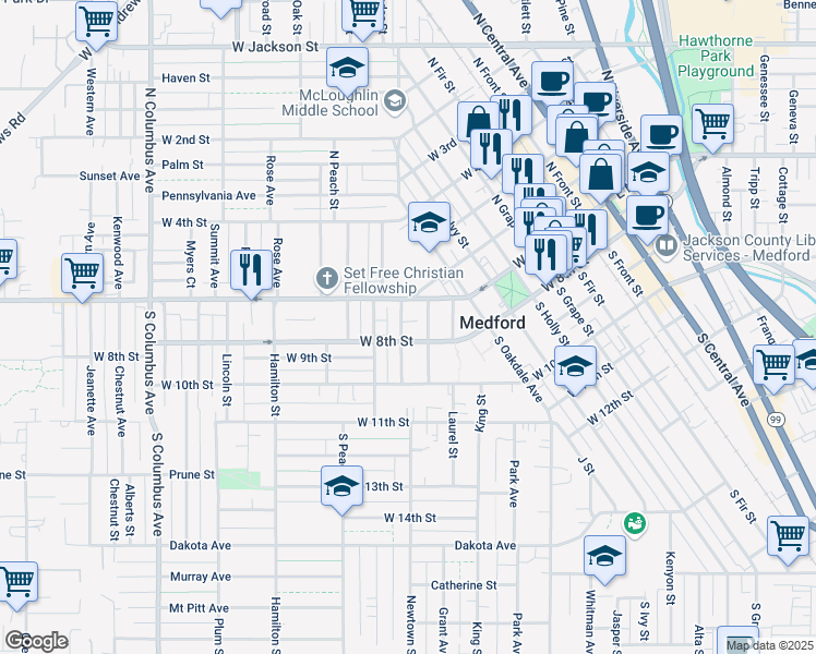 map of restaurants, bars, coffee shops, grocery stores, and more near in Medford