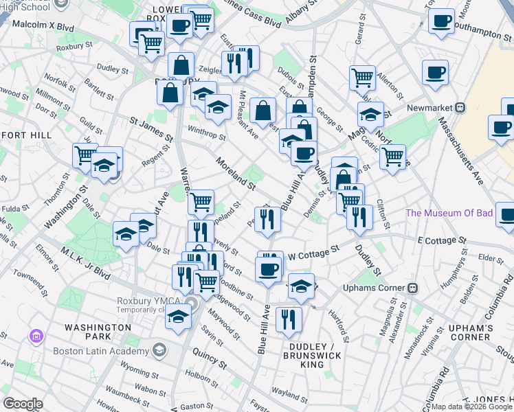 map of restaurants, bars, coffee shops, grocery stores, and more near 19 Perrin Street in Boston