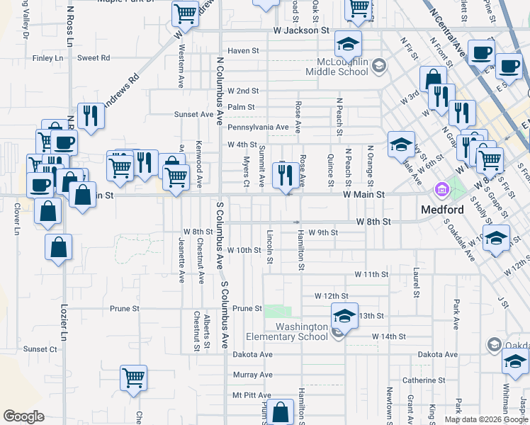 map of restaurants, bars, coffee shops, grocery stores, and more near 1320 West 8th Street in Medford