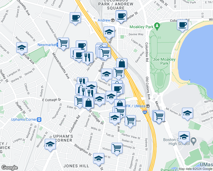 map of restaurants, bars, coffee shops, grocery stores, and more near 20 Mount Vernon Street in Boston