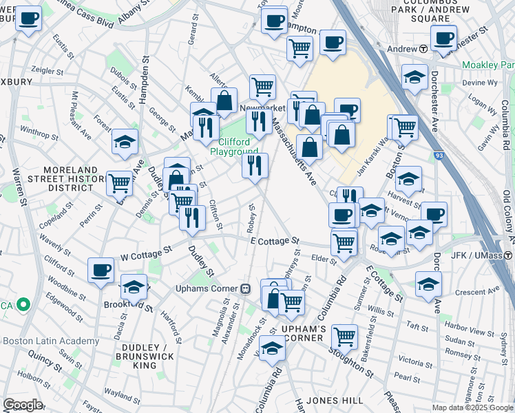 map of restaurants, bars, coffee shops, grocery stores, and more near 23 Robey Street in Boston
