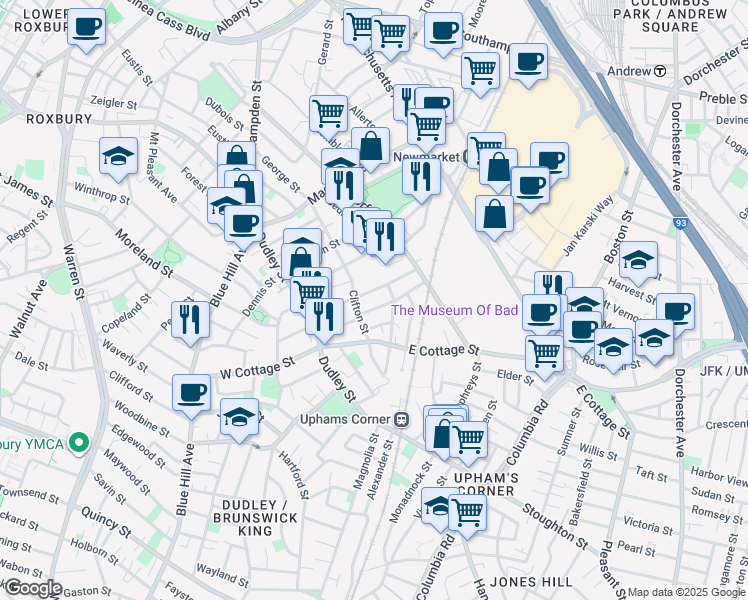 map of restaurants, bars, coffee shops, grocery stores, and more near 11 Marshfield Street in Boston