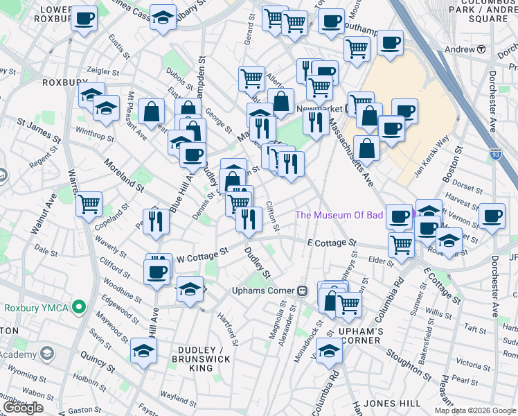 map of restaurants, bars, coffee shops, grocery stores, and more near 19 Burrell Street in Boston
