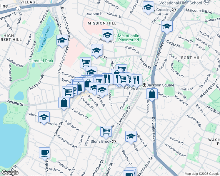 map of restaurants, bars, coffee shops, grocery stores, and more near 10 Mozart Street in Boston