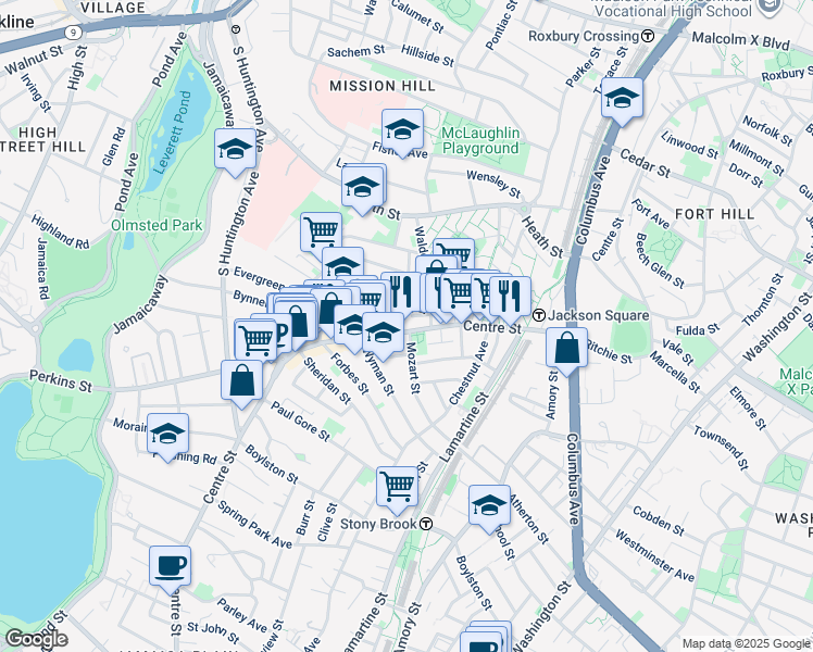 map of restaurants, bars, coffee shops, grocery stores, and more near 10 Mozart Street in Boston