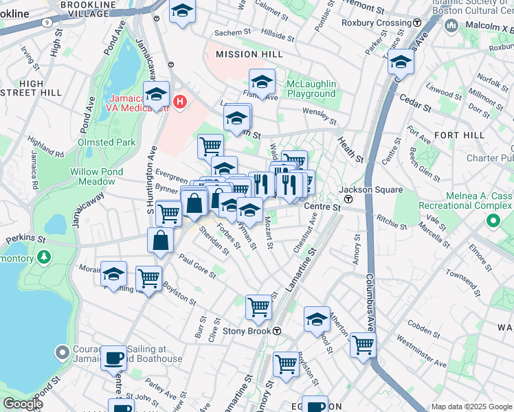 map of restaurants, bars, coffee shops, grocery stores, and more near 334 Centre Street in Boston