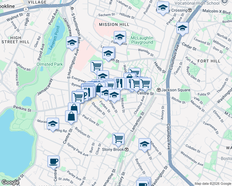 map of restaurants, bars, coffee shops, grocery stores, and more near 334 Centre Street in Boston