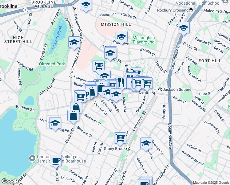 map of restaurants, bars, coffee shops, grocery stores, and more near 334 Centre Street in Boston