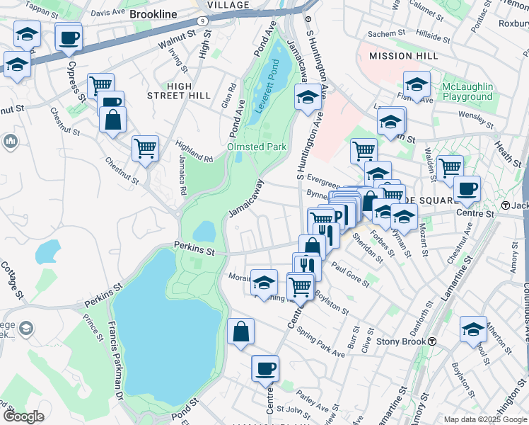map of restaurants, bars, coffee shops, grocery stores, and more near 69 Parkton Road in Boston