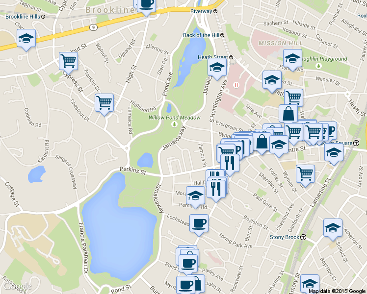 map of restaurants, bars, coffee shops, grocery stores, and more near 69 Parkton Road in Boston