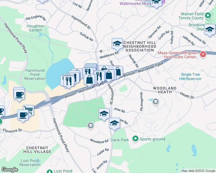 map of restaurants, bars, coffee shops, grocery stores, and more near 644 Hammond Street in Brookline