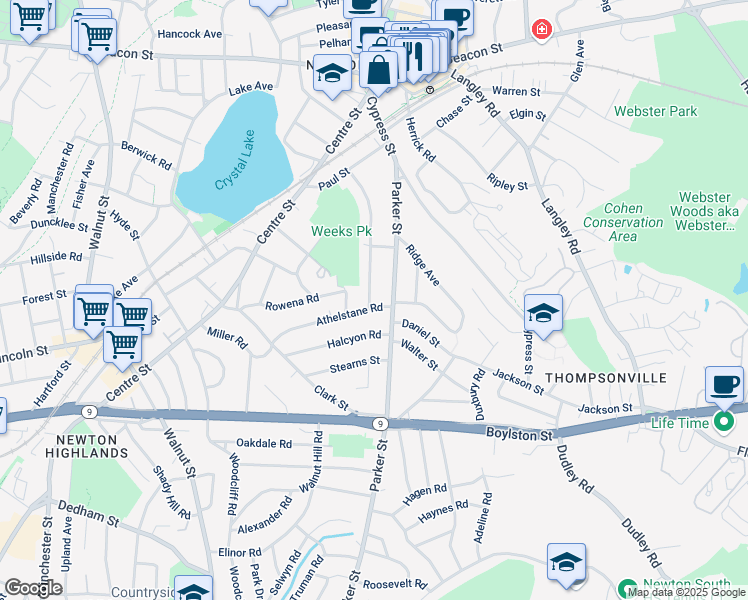 map of restaurants, bars, coffee shops, grocery stores, and more near 141 Parker Street in Newton
