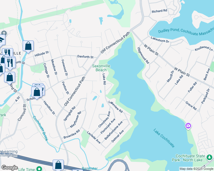 map of restaurants, bars, coffee shops, grocery stores, and more near 95 Lake Road in Framingham