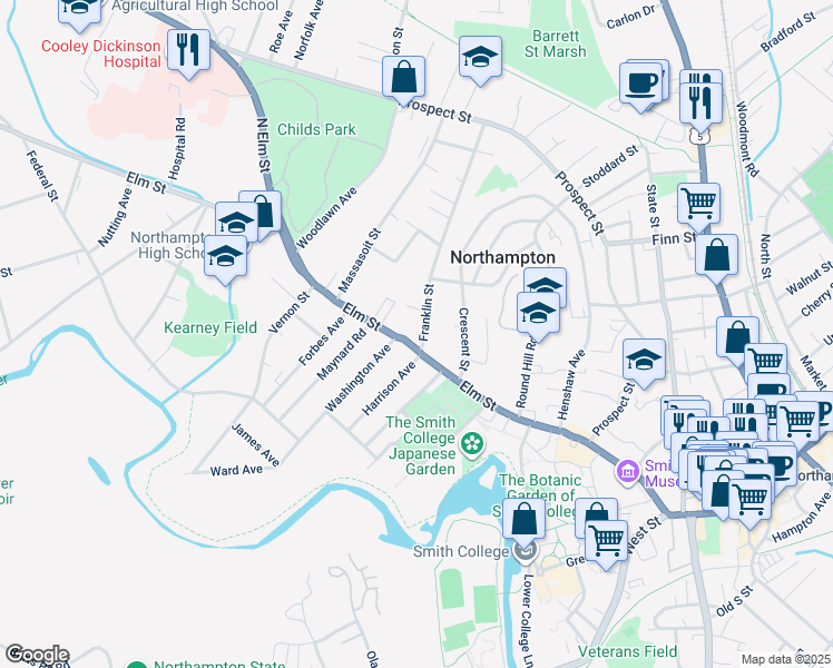 map of restaurants, bars, coffee shops, grocery stores, and more near 234 Massachusetts 9 in Northampton