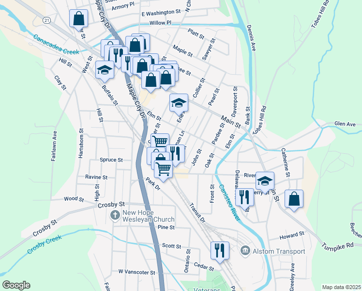 map of restaurants, bars, coffee shops, grocery stores, and more near 591-/2 Jane Street in Hornell
