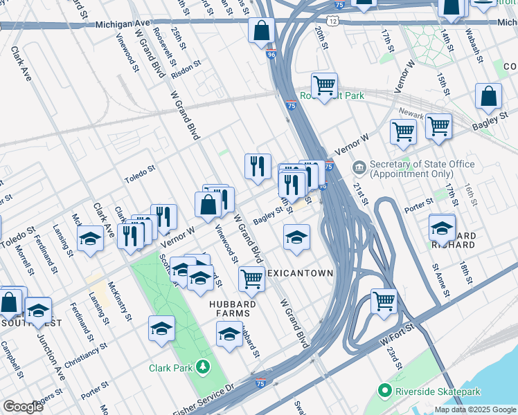 map of restaurants, bars, coffee shops, grocery stores, and more near 3628 Bagley Street in Detroit