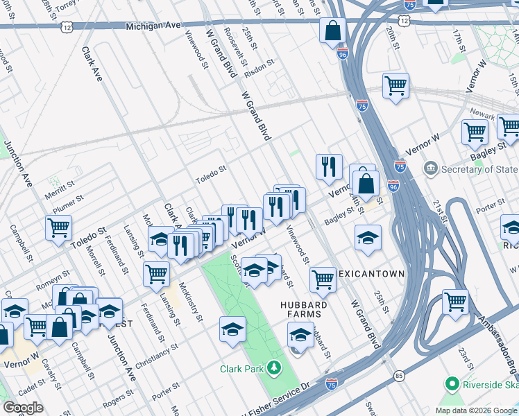 map of restaurants, bars, coffee shops, grocery stores, and more near in Detroit