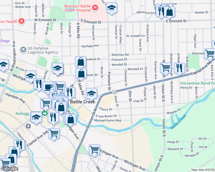 map of restaurants, bars, coffee shops, grocery stores, and more near 181 Capital Avenue Northeast in Battle Creek