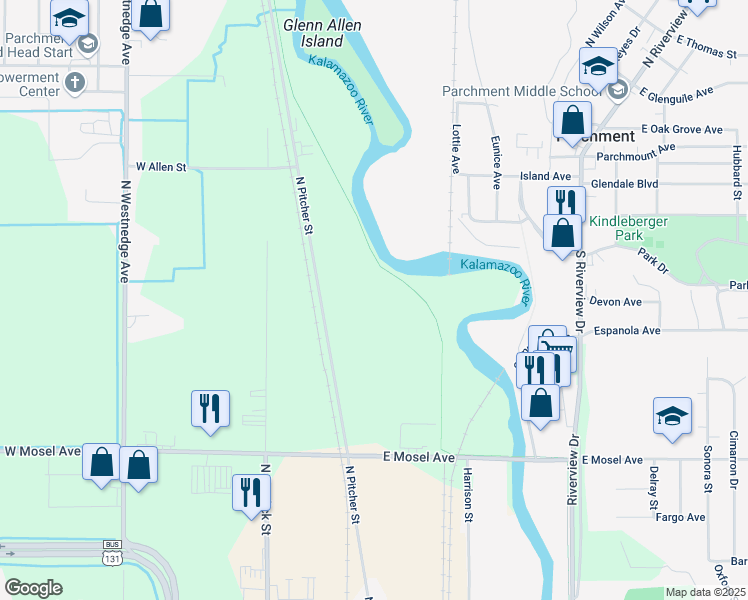 map of restaurants, bars, coffee shops, grocery stores, and more near 3134 North Pitcher Street in Kalamazoo