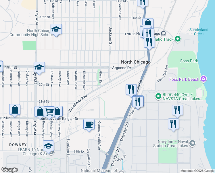 map of restaurants, bars, coffee shops, grocery stores, and more near 1123 Broadway Avenue in North Chicago