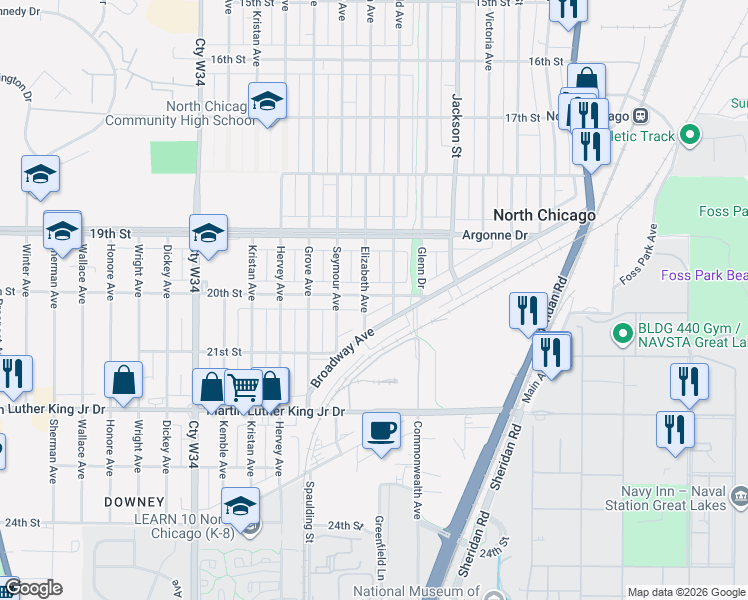 map of restaurants, bars, coffee shops, grocery stores, and more near 2012 Elizabeth Avenue in North Chicago