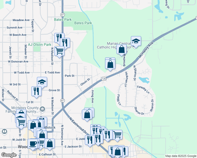 map of restaurants, bars, coffee shops, grocery stores, and more near 640 McHenry Avenue in Woodstock