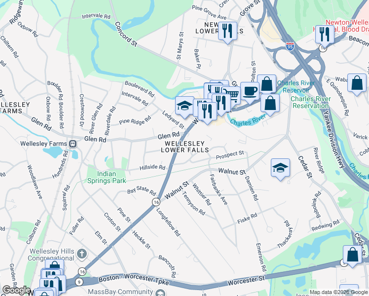 map of restaurants, bars, coffee shops, grocery stores, and more near 7 Crescent Street in Wellesley