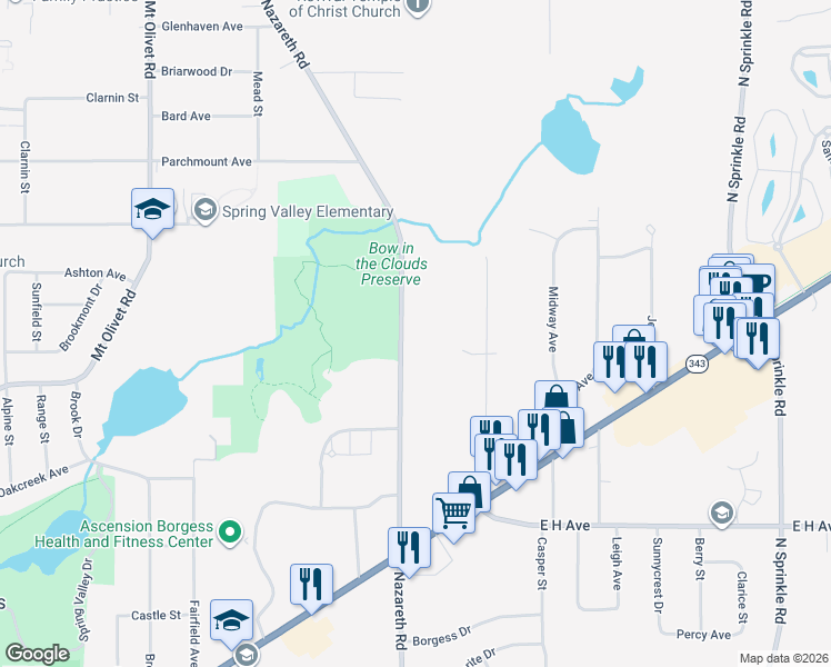 map of restaurants, bars, coffee shops, grocery stores, and more near 3128 Nazareth Road in Kalamazoo